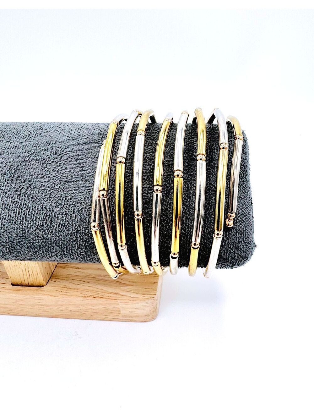 Two tone bamboo stack silver and gold tone tube coil bracelet